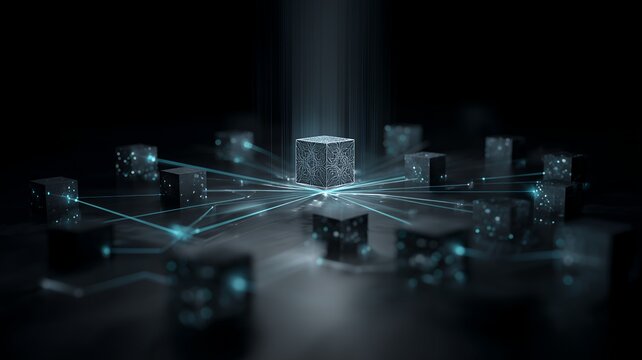 Central Network Hub With Connected Digital Nodes, Radial Data Pathways And Distributed Computing Architecture In A Dark Technology Environment For Enterprise Connectivity