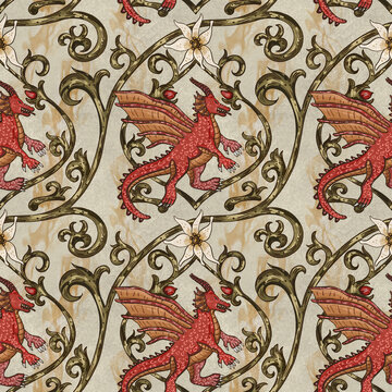 Vintage medieval seamless pattern with red dragons and gothic floral ornaments
