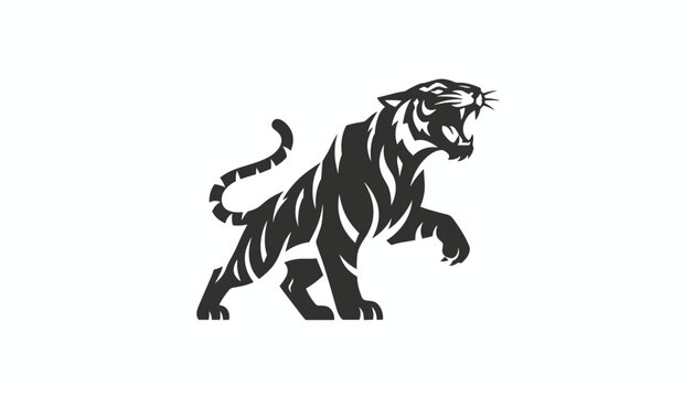 Powerful black tiger mascot in a roaring pose shown in profile isolated on a clean white background.