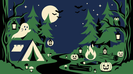 A spooky halloween night in the forest camping ghosts pumpkins and the magic of autumnal festivities