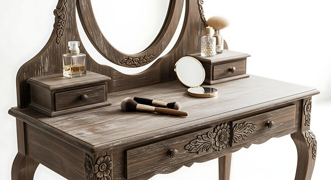 Vintage wooden vanity table featuring ornate carvings with makeup accessories on white background