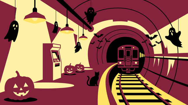 A spooky halloween scene unfolds within a subway station complete with ghosts pumpkins a black cat and a passing train
