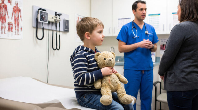 Boy with teddy bear at pediatrician appointment, mother talking to doctor