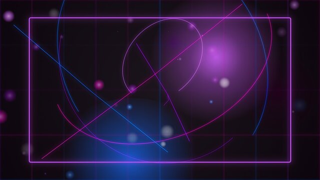 Abstract background featuring intersecting purple and blue glowing lines inside neon rectangular frame on dark grid surface.