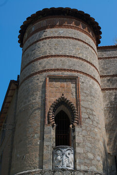 Close-up view of a historic round tower at Rocchetta Mattei Castle in Grizzana Morandi, Emilia-Romagna, Italy