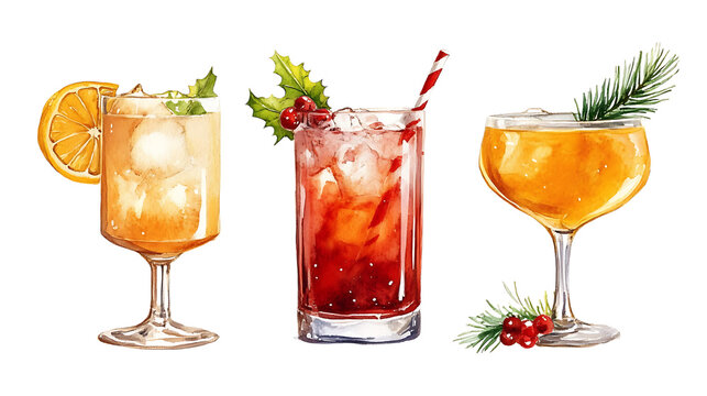 Three festive Christmas cocktails with garnishes watercolor illustration for holiday drinks party and celebration design