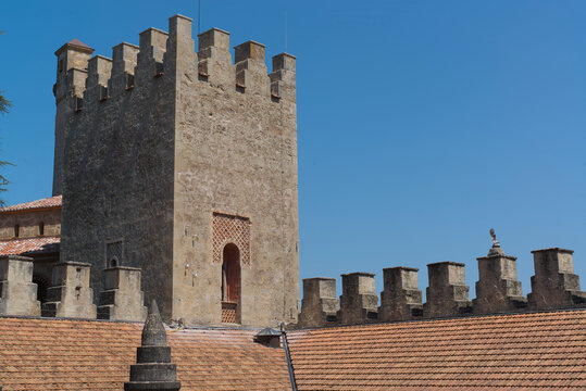 Historic tower and crenellated battlements of Rocchetta Mattei Castle in Grizzana Morandi, Emilia-Romagna, Italy.