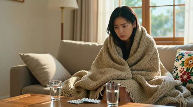 Asian woman feels sick on sofa under warm blanket. She has medicine and water nearby. Bright living room with natural light. Comfortable home recovery from illness.