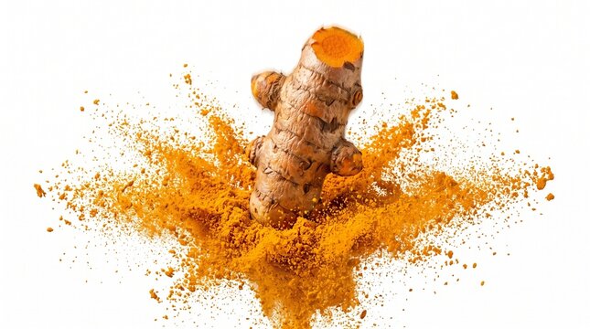 Fresh turmeric root with exploding orange powder, raw organic curcuma spice, vibrant culinary seasoning for healthy cooking isolated PNG with Transparent Background