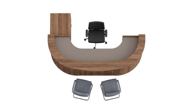 Overhead view of a stylish office reception desk and chairs setup