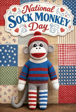 Cute knitted sock monkey toy wearing a colorful sweater for national sock monkey day celebration