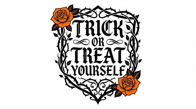 Trick or treat yourself quote with gothic rose and vine frame design