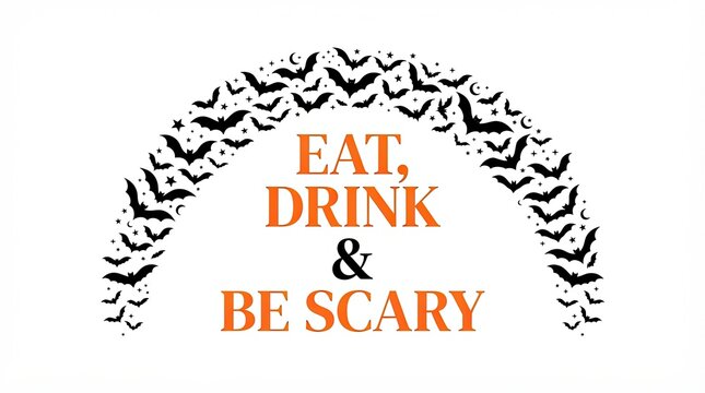 Eat drink and be scary text design with arch of black flying bats