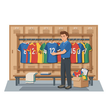 Equipment manager organizing jerseys in locker room for professional sports apparel, team branding, and coaching blogs