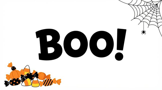 Halloween boo sign with spider web and candy isolated on white background