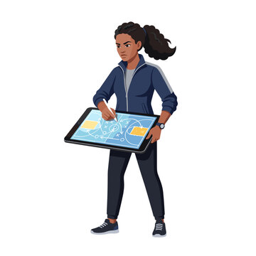 Female coach drawing play on digital tablet for sports strategy, tactical planning, and coaching education websites