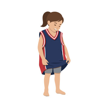 Young girl trying on professional basketball jersey for fan merchandise and youth sports inspiration