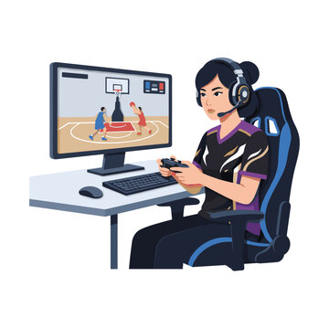 Women esports player in basketball video game tournament for gaming competitions and digital sports blogs
