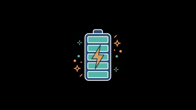 Fully charged battery animation with a lightning bolt symbol and decorative sparkles on a transparent background. Alpha Channel 4K.