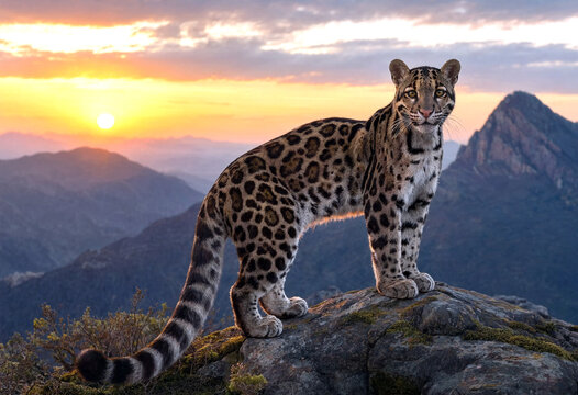 Majestic clouded leopard standing on a rocky mountain peak during a stunning sunset panorama