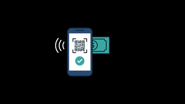 QR Code Scanning Mobile Payment Concept with Smartphone and Money. Transparent background. Alpha Channel 4K.