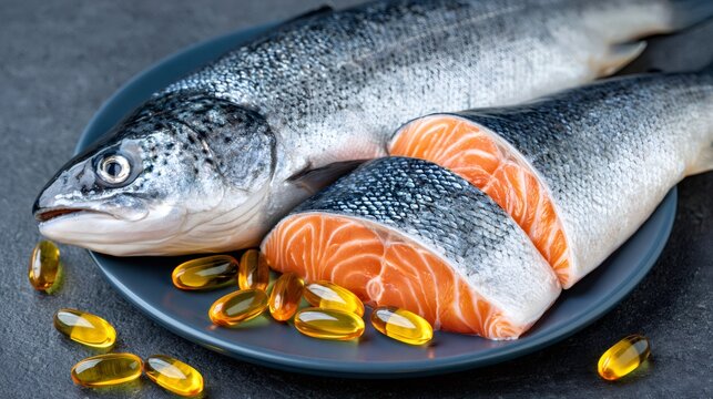 Fresh salmon fish, slices, and omega-3 oil capsules