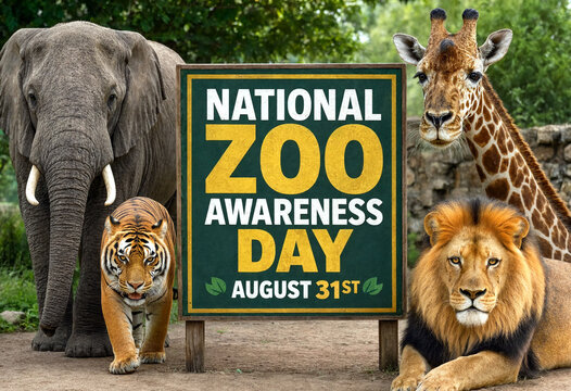 Majestic elephant tiger giraffe and lion standing near national zoo awareness day sign in nature setting