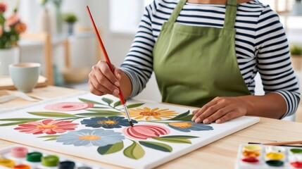 Naklejka premium Woman painting flowers on canvas with brush