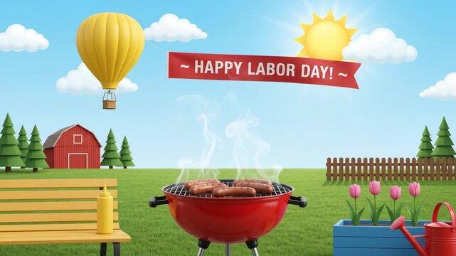 Happy Labor Day BBQ grill sausage backyard sunshine banner summer holiday celebration. American patriotic labour day celebration. happy summer family backyard party, bar-b-q grill cookout picnic