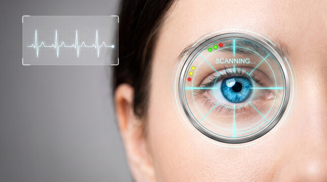 Biometric face scanner identity iris recognition blue eye technology security. Futuristic digital facial recognition system. identification verification id access, security protection