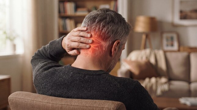 Man Experiencing Occipital Headache and Back of Head Pain with Red Glow