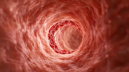 Fototapeta premium Horizontal inner‑blood‑vessel 3D medical render, red‑blood‑cells flowing inside lumen, human‑blood‑vessel micro‑anatomy, biomedical‑science commercial template graphic 