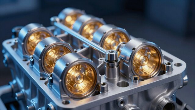 Close-up of advanced smart engine valves with metallic finish and golden interiors, showcasing high-tech engineering for performance vehicles.