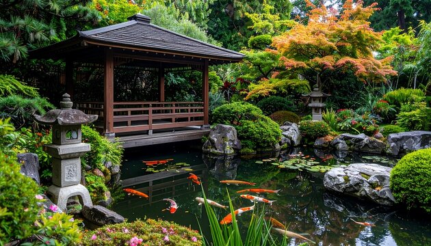 Traditional wooden cabin surrounded by lush greenery in forest.