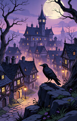 Naklejka premium Black raven sits on stone overlook above gothic village at night. Medieval town features timber framed houses, tall clock tower under full moon light. Dark spooky forest trees frame street scene with