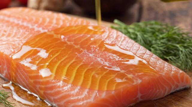 Fresh salmon fillet with olive oil fresh fish raw seafood cooking preparation in kitchen on wooden board with dill herb healthy food closeup detail