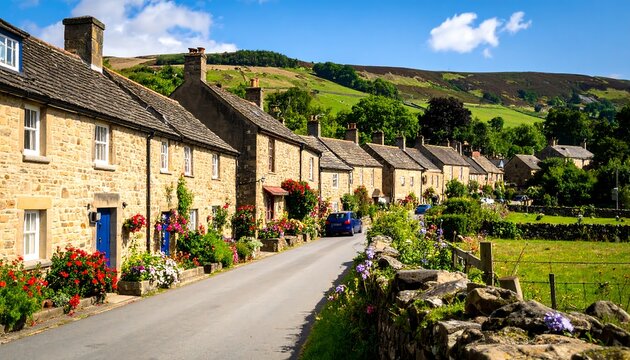 Charming European village street with stone houses.