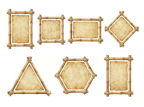 Collection of rustic bamboo frames with parchment isolated on transparent