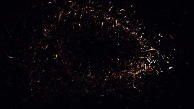 Abstract motion background of red falling leaves swirling in wind on black 4K
