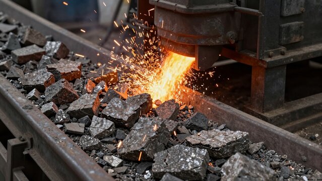 Industrial steel slag processing machine crushing hot metal fragments with sparks flying.