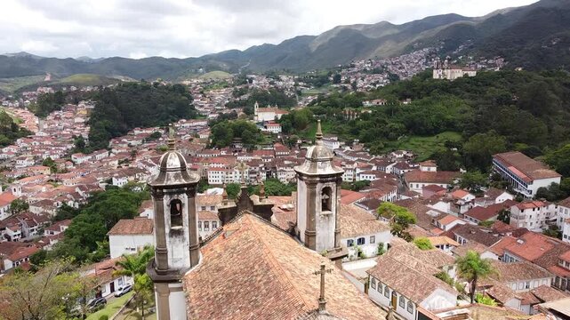Drone footage Aerial Church of Our Lady of Mount Carmel (Igreja de Nossa Senhora do Carmo), Ouro Preto, Minas Gerais, Brazil