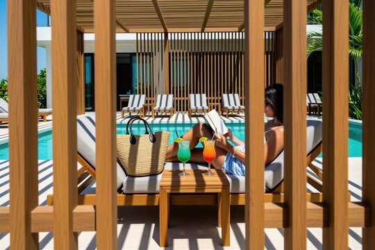 Young woman rests on lounger by swimming pool in summer resort. Female reader enjoys book during vacation time outdoors. Girl relaxes under pergola shade near turquoise water with tropical cocktails,
