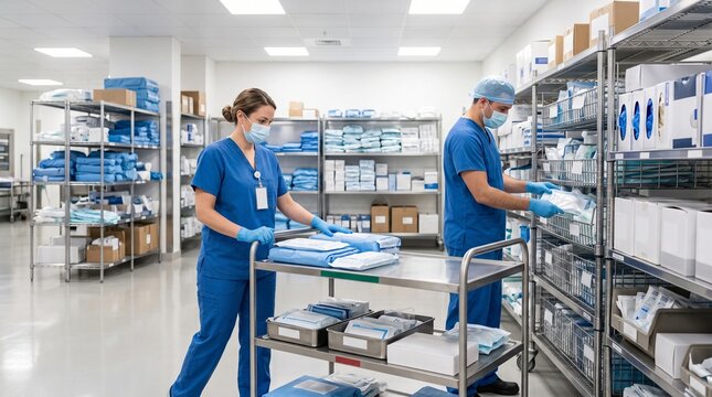 Healthcare Staff Managing Medical Supply Inventory in Hospital Storage Facility