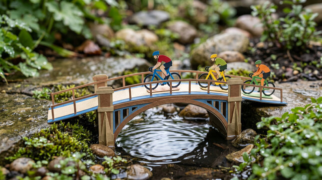 Cyclists ride across a small wooden bridge over a stream represented by paper cutouts.