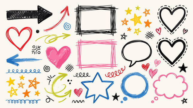 Hand Drawn Doodle Elements Set Arrows Hearts Stars Frames Sketches