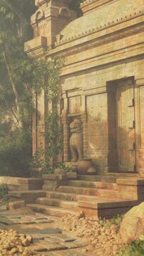 Sunlight filters through the trees, illuminating a weathered temple with intricate carvings. A majestic lion statue stands guard, framed by vibrant plants and stones, evoking a sense of wonder.