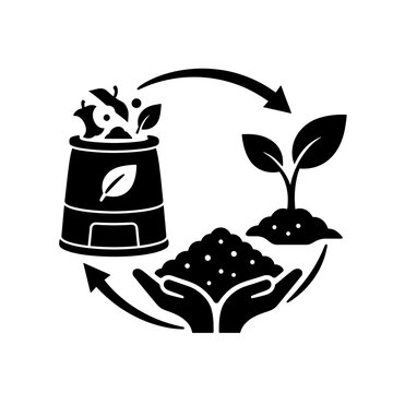 Organic waste composting cycle showing bin transformation to fertile soil and growing plant sprout black glyph icon vector illustration for circular economy infographic