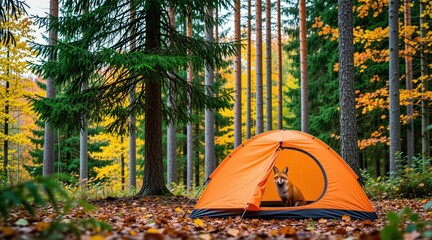 Naklejka premium Wild red fox sits inside bright orange camping tent in autumn forest. Curious animal looks out from shelter among tall pine trees with golden fall leaves on ground. Peaceful woodland environment