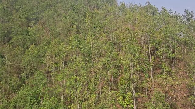 Scenic footage from the Manakamana cable car showing a passenger gondola traveling above densely forested mountain slopes, winding river valley, roads, settlements, and surrounding Himalayan foothills