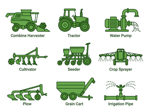 Agricultural machinery icons featuring tractor and farming equipment